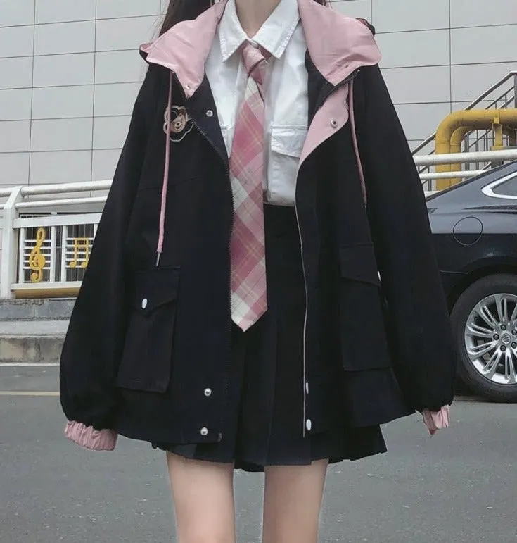 Hooded Jacket With Bear Embroidery