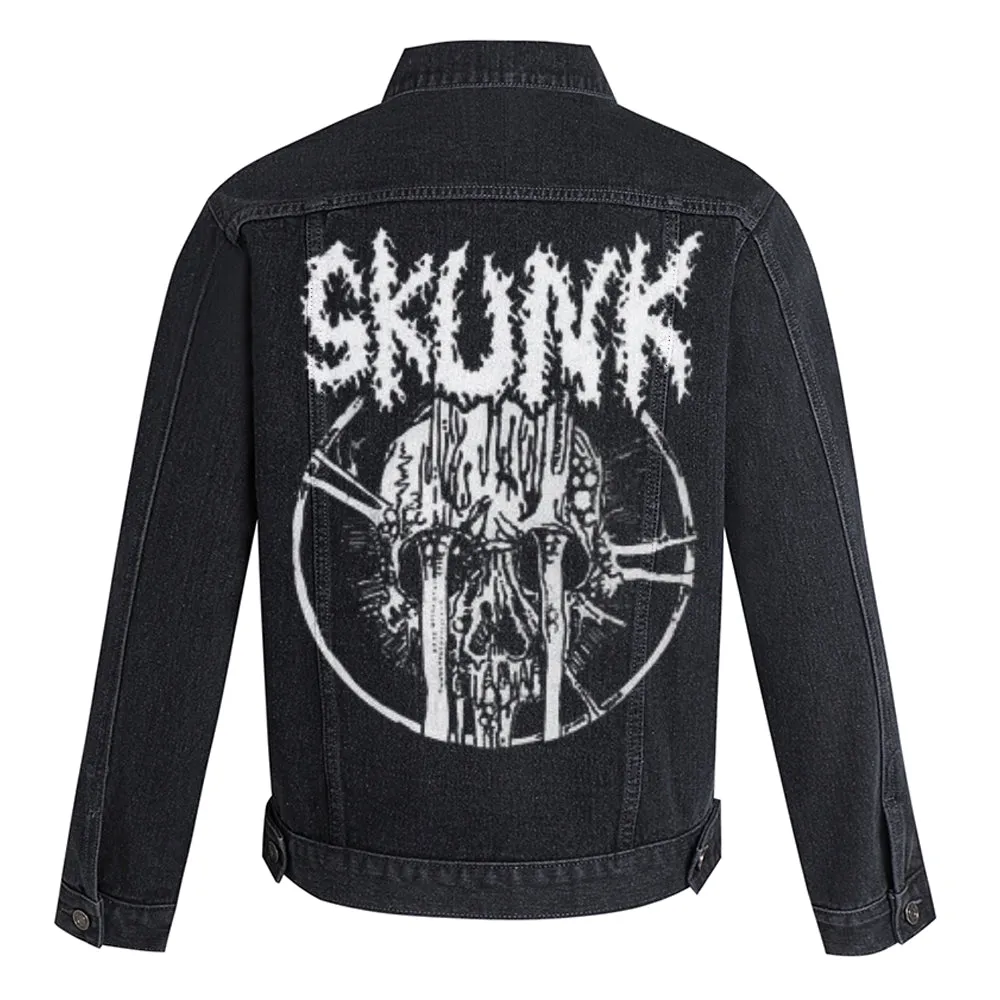 Mens Vintage Gothic Skunk Graphic Button Up Denim Jacket
