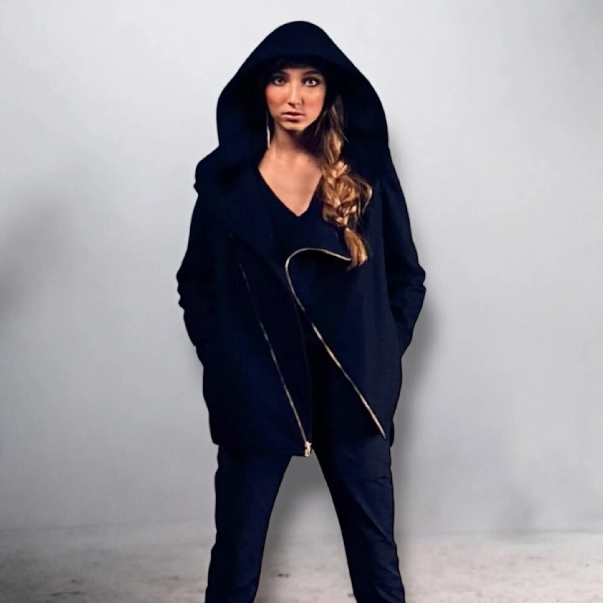 Mid Length Pockets Hooded Knit Jacket Coat
