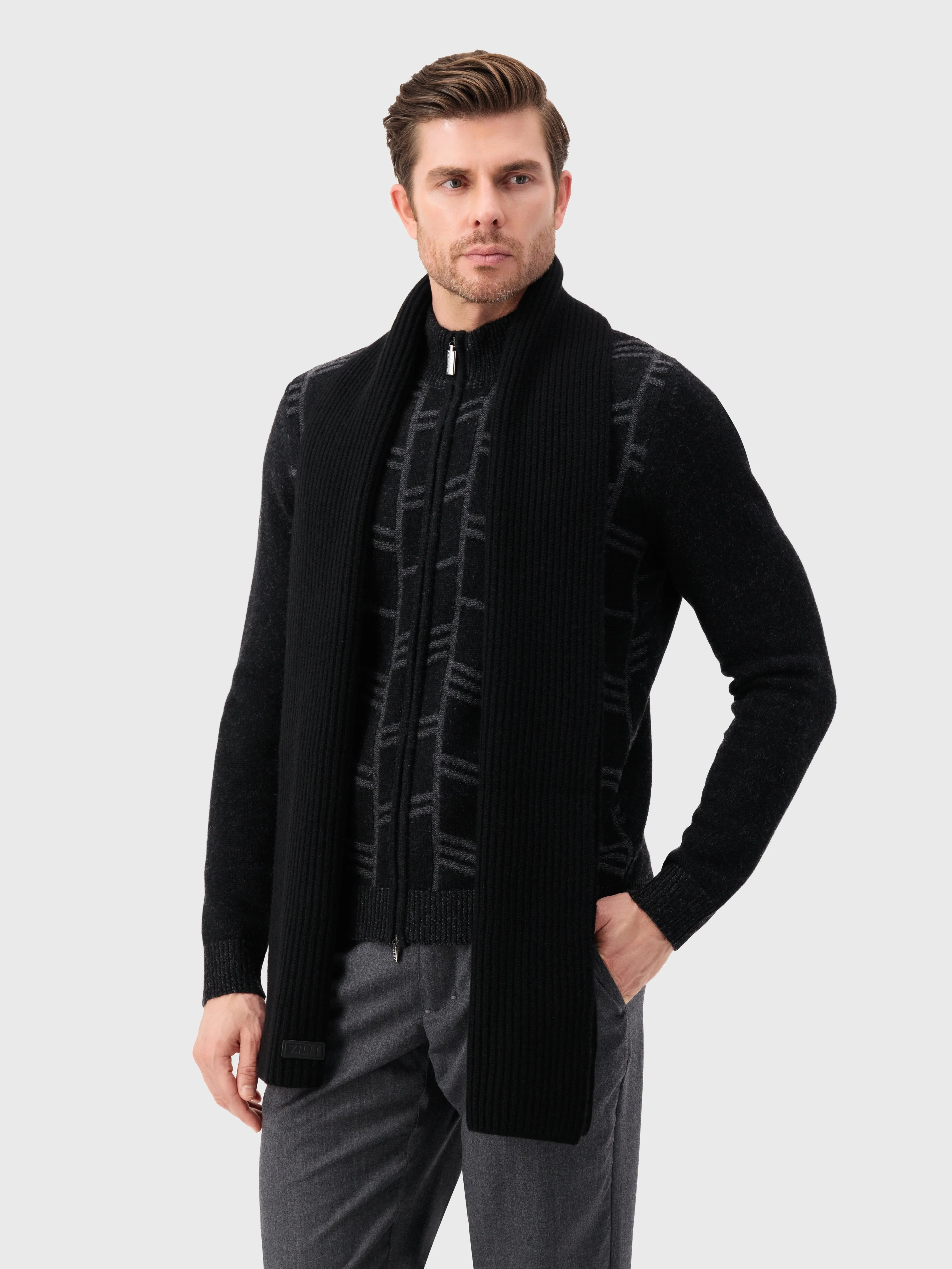 Ribbed Knit Wool and Cashmere Scarf Black