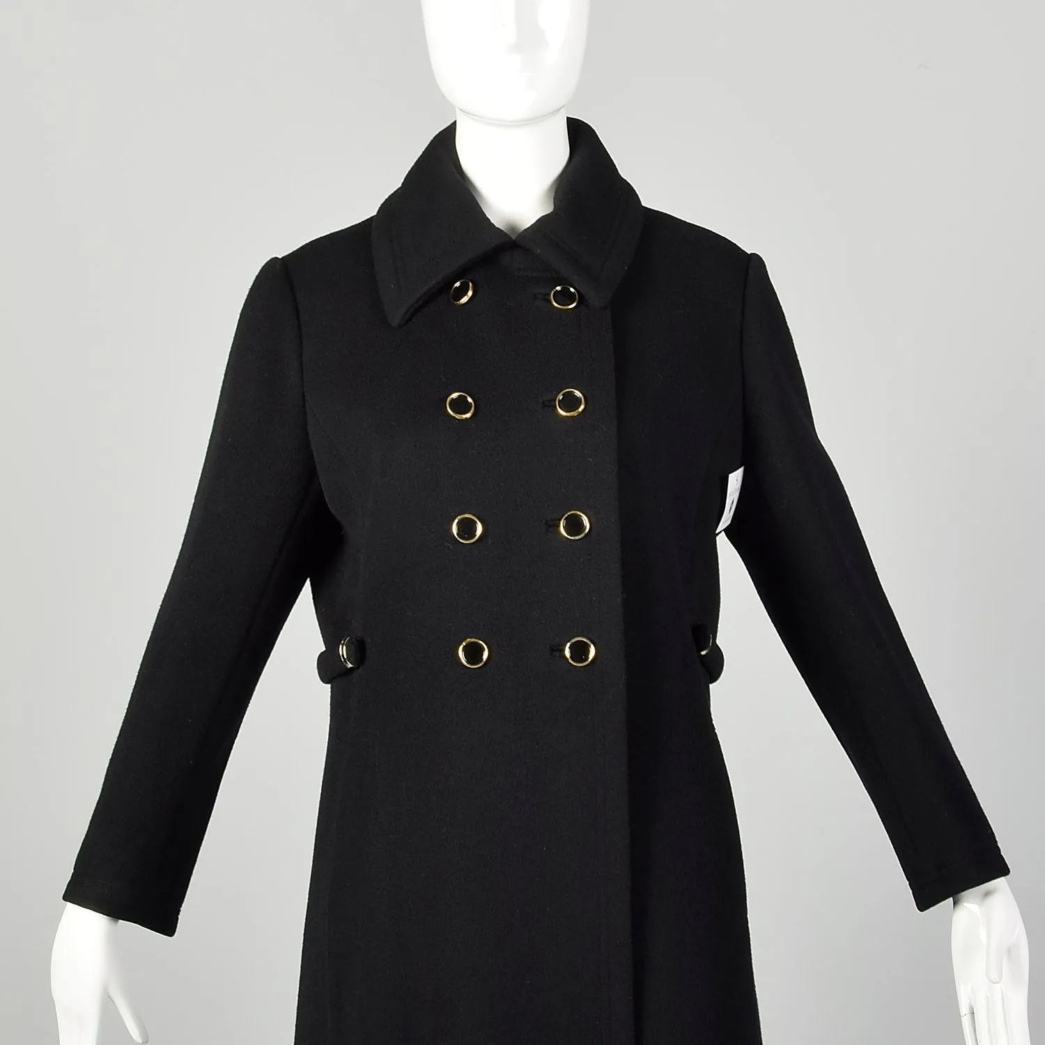 Small 1960s Mod Winter Coat Black Wool Double Breasted Overcoat