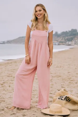 Solid Button Sling Jumpsuit: Pale Pink / L