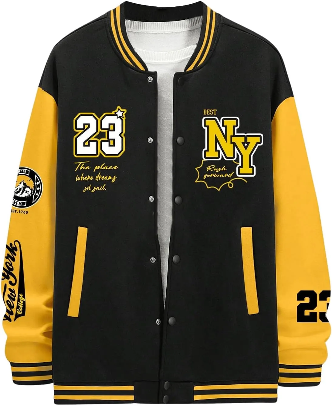 SOLY HUX Men's Graphic Varsity Jacket Color Block Letter Print Long Sleeve Oversized Baseball Jacket