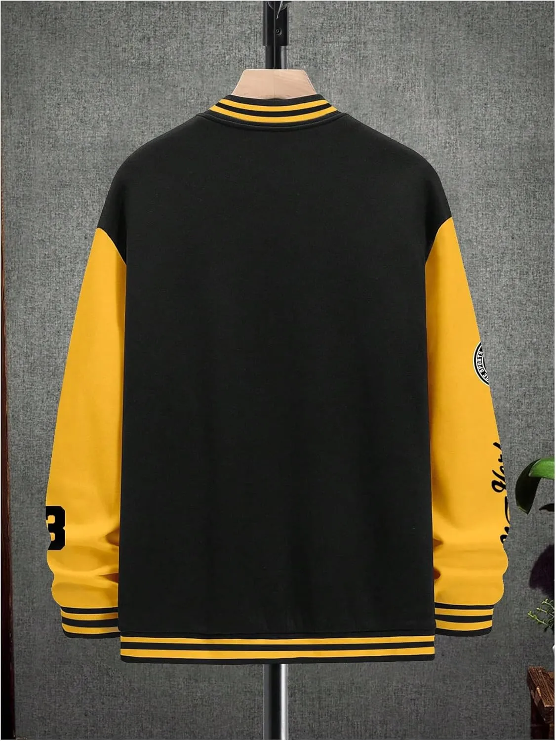 SOLY HUX Men's Graphic Varsity Jacket Color Block Letter Print Long Sleeve Oversized Baseball Jacket
