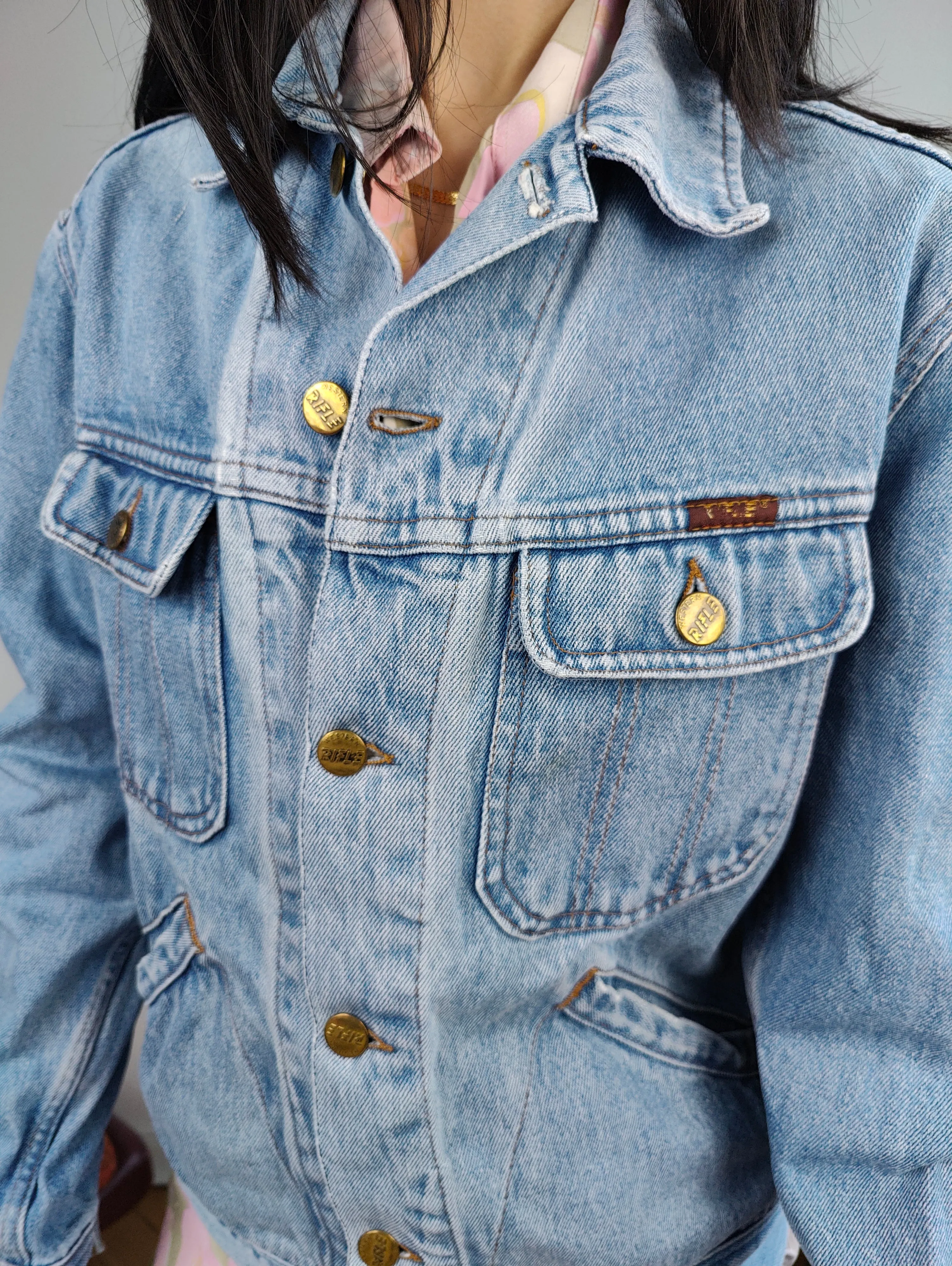 Vintage 90s denim jacket Rifle jeans light blue back print cartoon duck animal women S-M