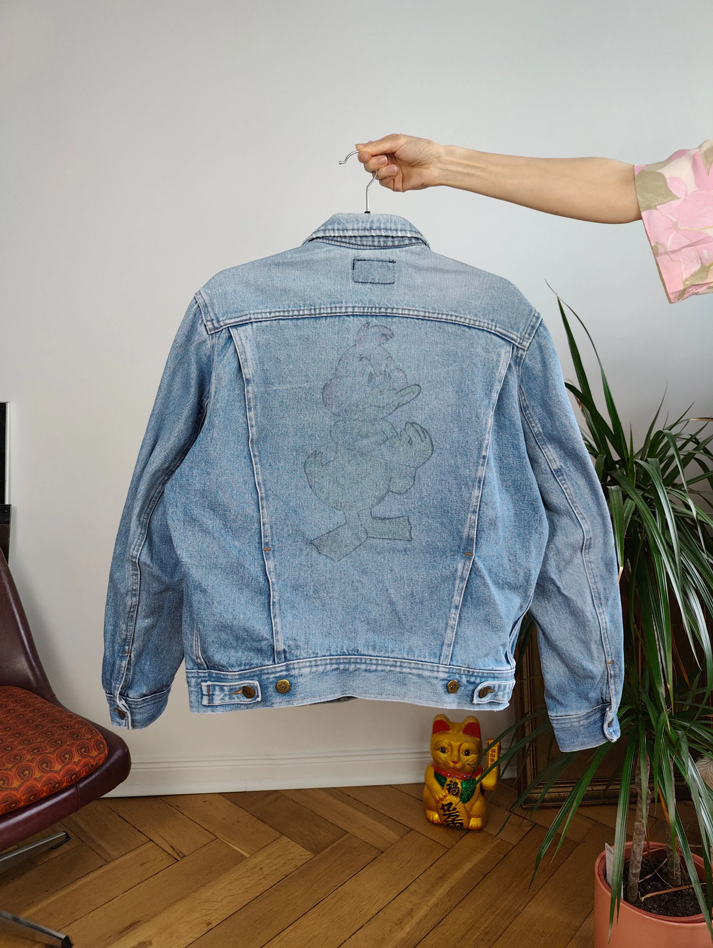Vintage 90s denim jacket Rifle jeans light blue back print cartoon duck animal women S-M