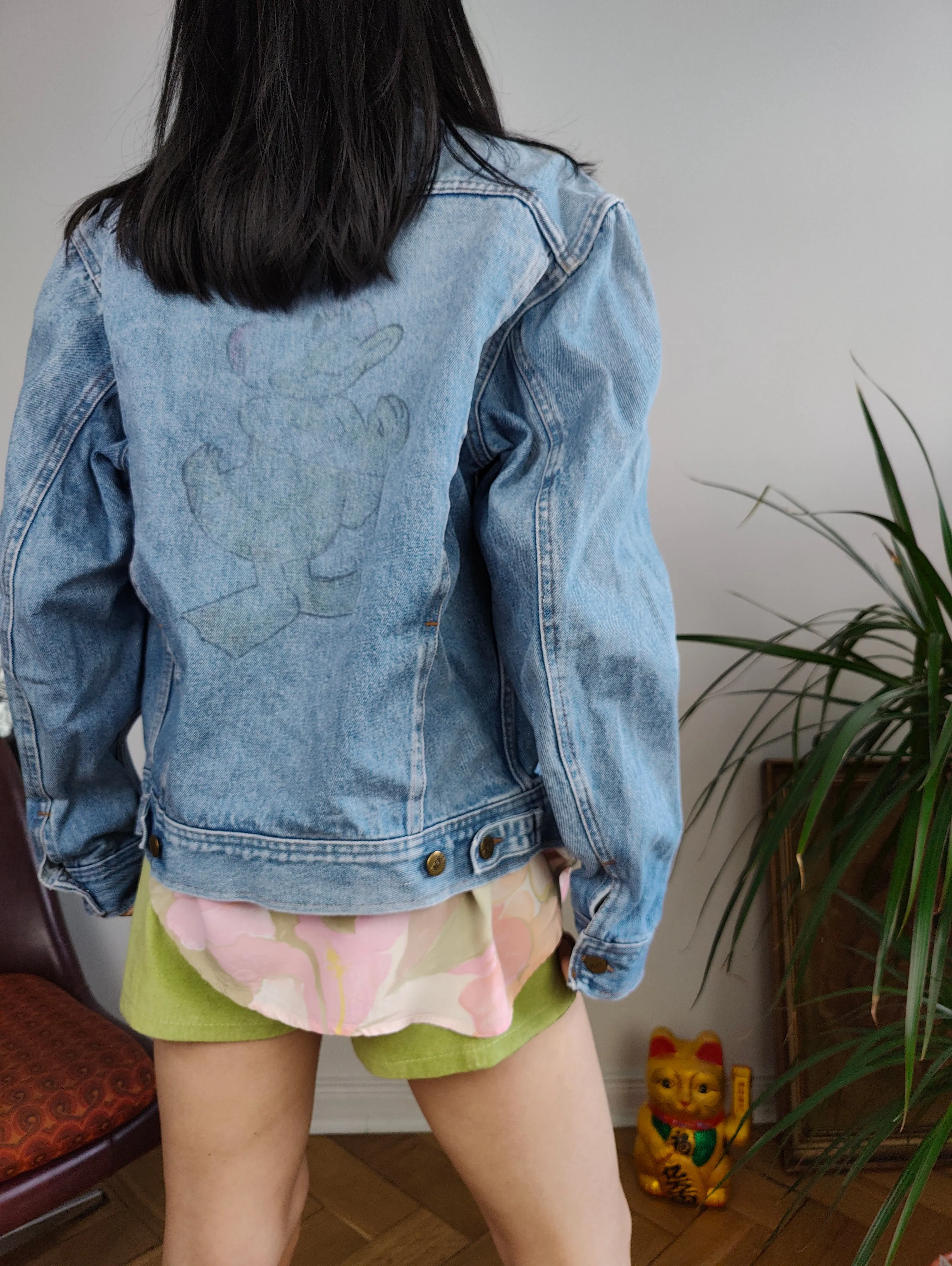 Vintage 90s denim jacket Rifle jeans light blue back print cartoon duck animal women S-M