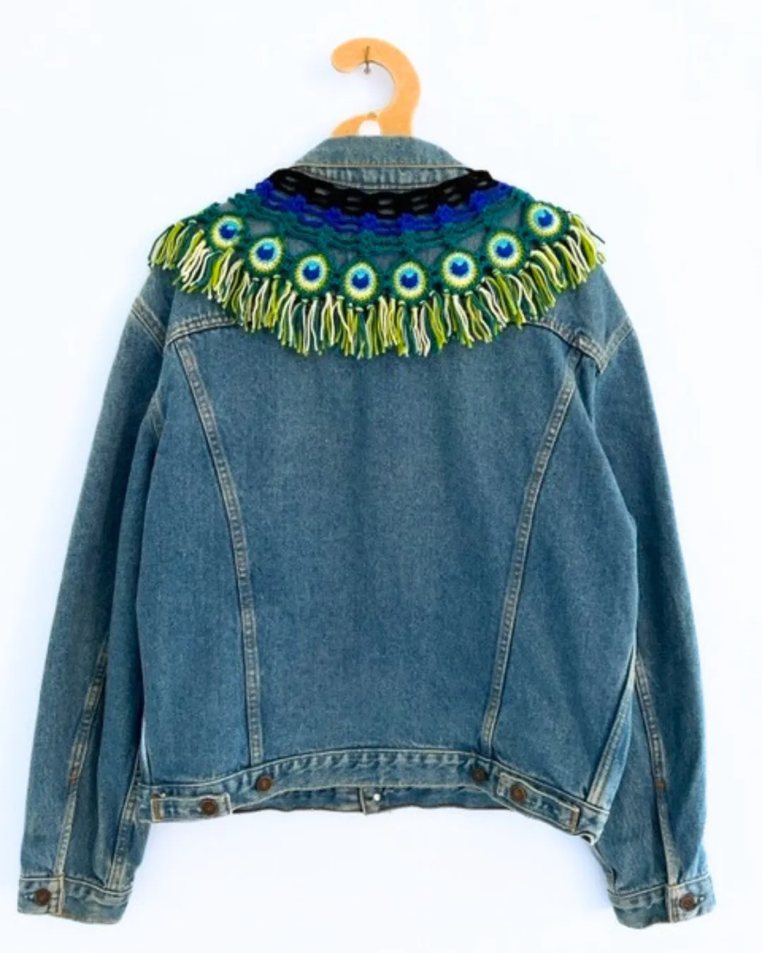 Vintage LEVI 70's blue denim jacket with detachable macrame peacock collar