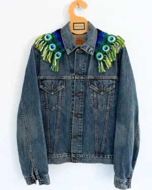 Vintage LEVI slim fit denim jacket with detachable macrame peacock collar