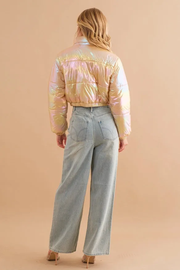 Windbreaker Metallic Puffer Crop Zip Up Jacket  Tan