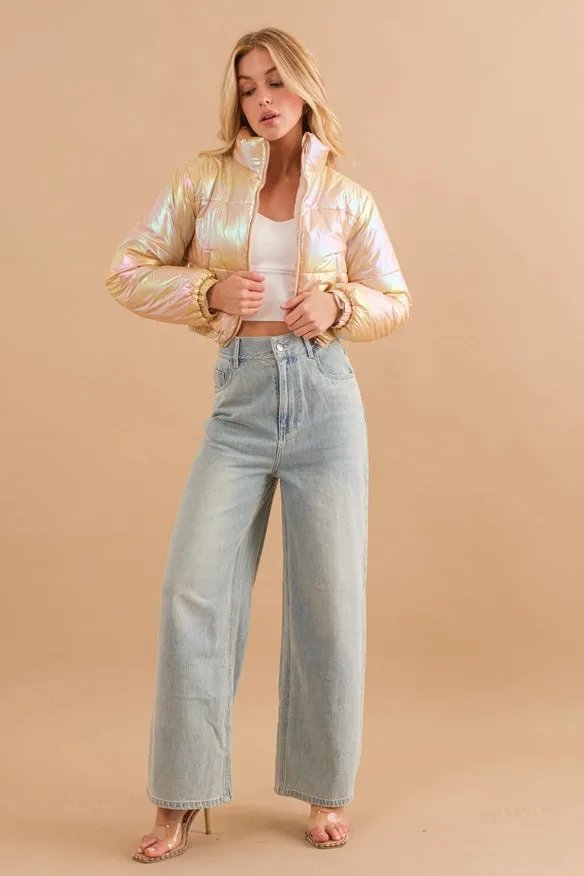 Windbreaker Metallic Puffer Crop Zip Up Jacket  Tan