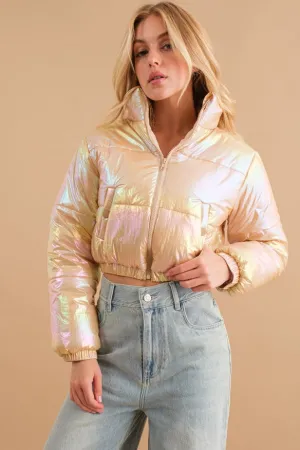 Windbreaker Metallic Puffer Crop Zip Up Jacket  Tan