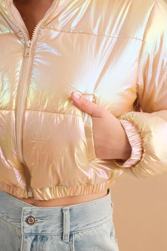 Windbreaker Metallic Puffer Crop Zip Up Jacket  Tan
