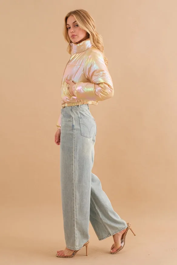 Windbreaker Metallic Puffer Crop Zip Up Jacket  Tan