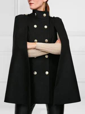 xakxx Loose Buttoned Solid Color Stand Collar Woolen Coat Cape Coats